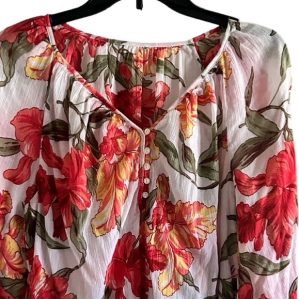 Chaps 100% Cotton White Floral Tropical Vacation Top Blouse - Picture 6 of 11